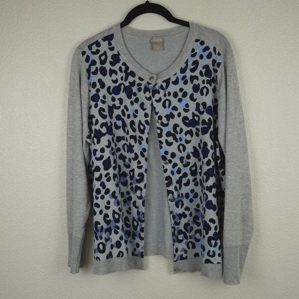Chicos Cardigan Sweater Womens Size 2 L Animal Print Office Workwear Layering